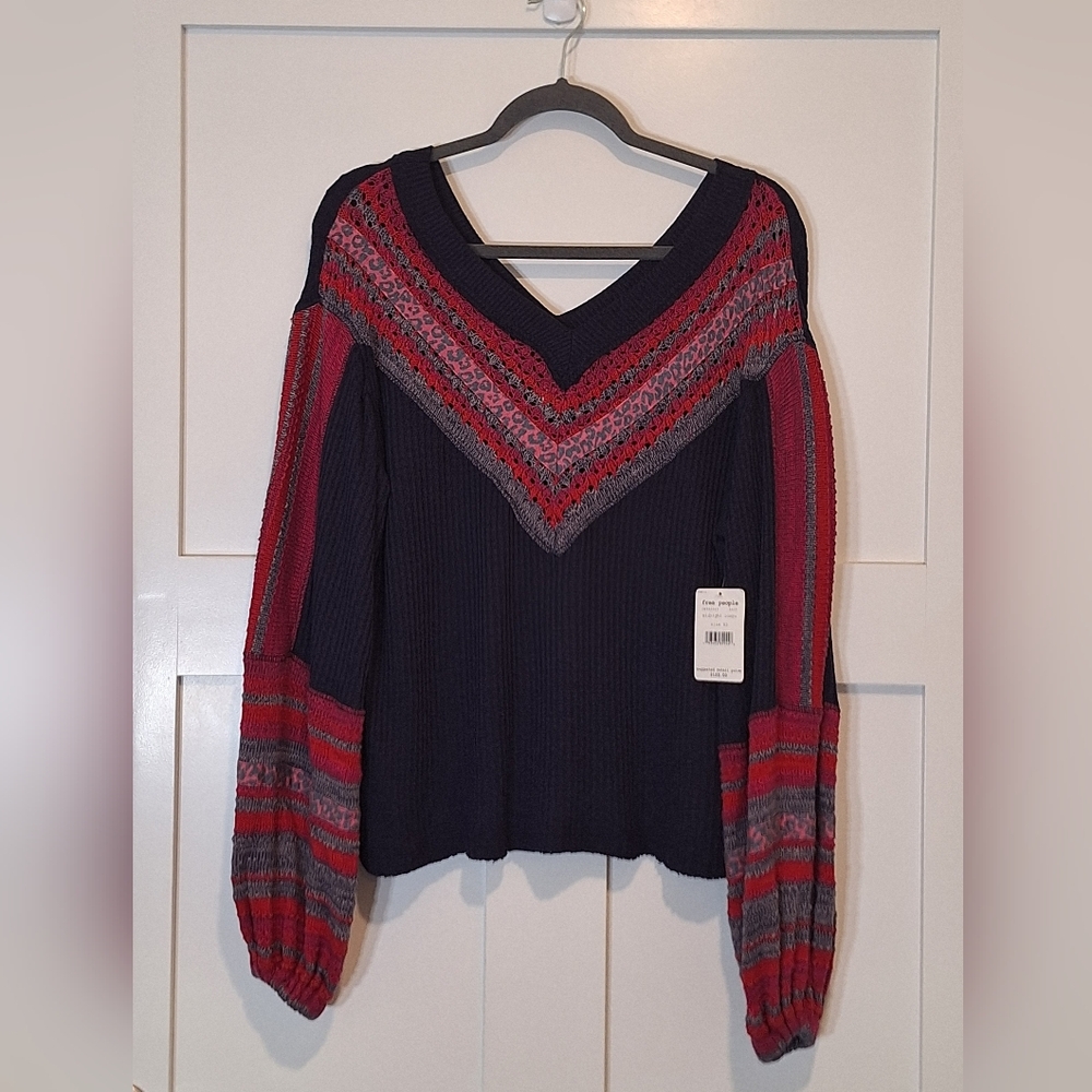 Free People Copenhagen Thermal Knit Waffle Top Double V Neck XS Navy Pink Red